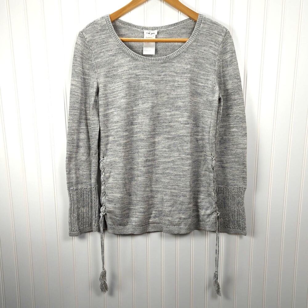 Tribal Jeans Pullover Sweater Womens M Grey 100% Cotton Knit Crochet Cuffs Boho
